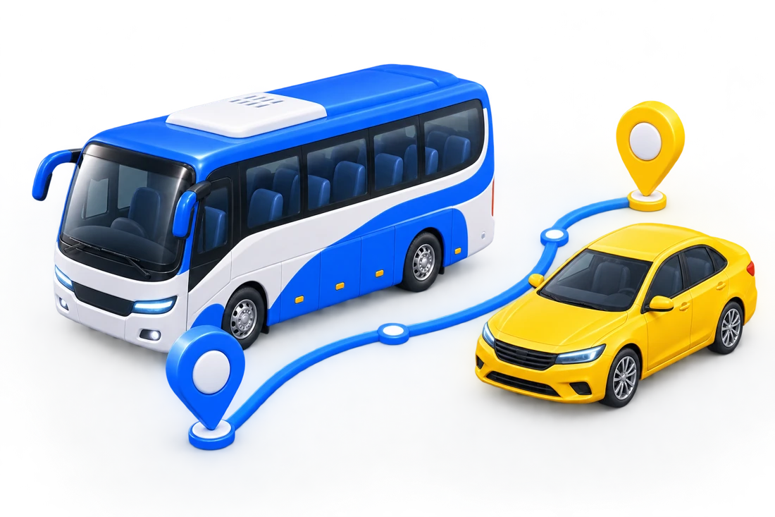 Minh họa trung chuyển Vexere và Be với xe khách, ô tô và tuyến đón trả