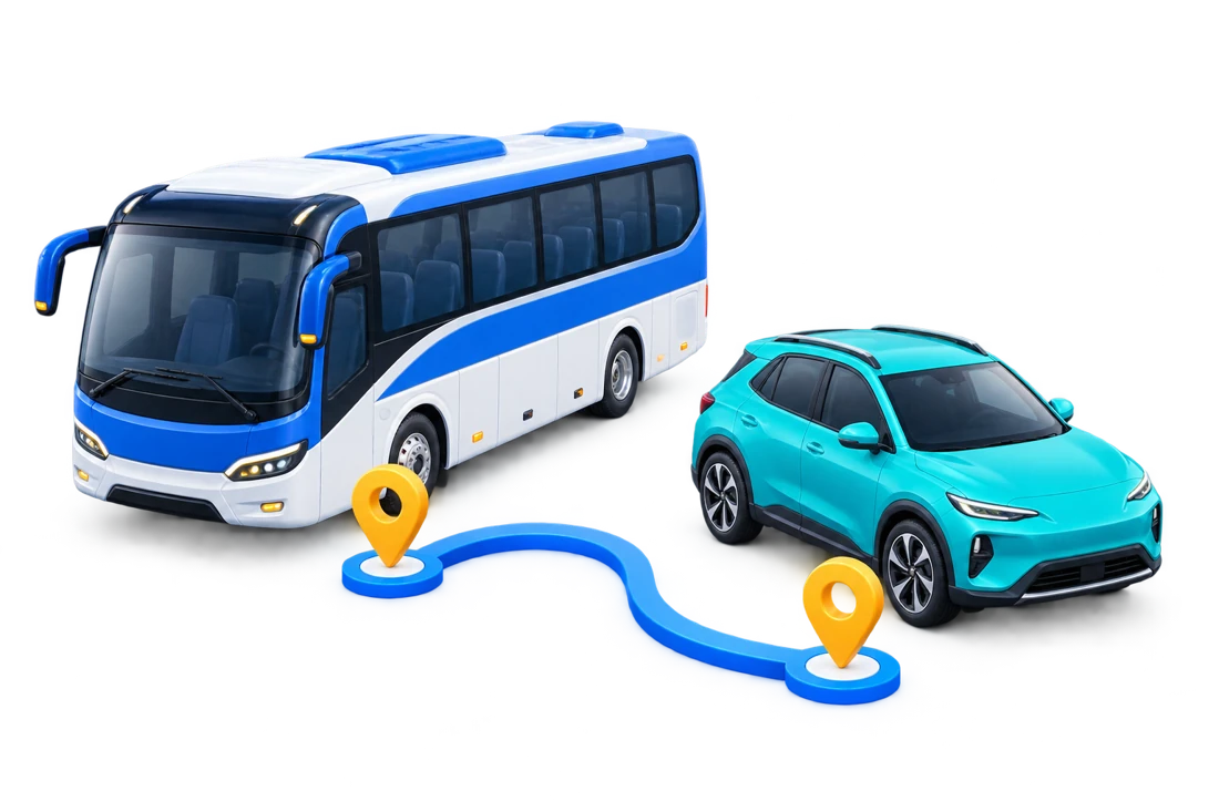 Minh họa trung chuyển Vexere và GreenSM với xe khách, xe điện và tuyến đón trả